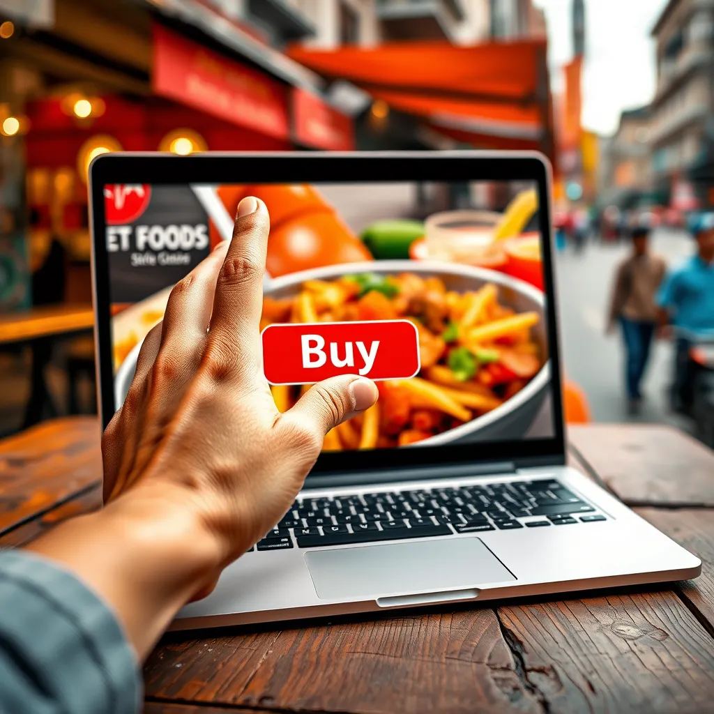 A close-up shot of a hand hovering over a bright red 'Buy' button on a laptop screen, showcasing a delicious-looking street food dish in the background. The laptop is placed on a rustic wooden table, with a blurred background of a bustling city street, hinting at the convenience of ordering food online.