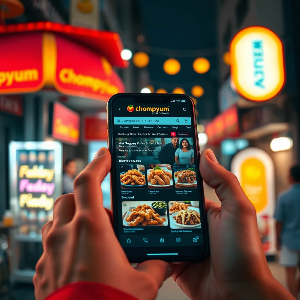 A close-up shot of a person using a smartphone to order food on the Chompyum Food Express website, with a delicious assortment of street food items displayed on the screen. The background should be a bustling city street with vibrant colors and a warm, inviting atmosphere.