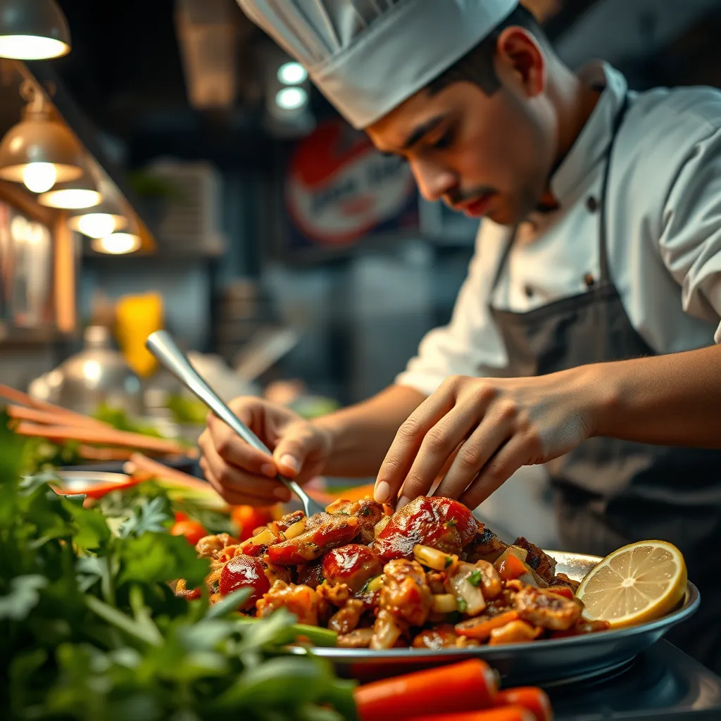 A close-up shot of a skilled chef preparing a street food dish with fresh ingredients, such as vegetables, spices, and meats. The image should showcase the care and attention to detail that goes into preparing the food. The background can feature a glimpse of the bustling kitchen environment.