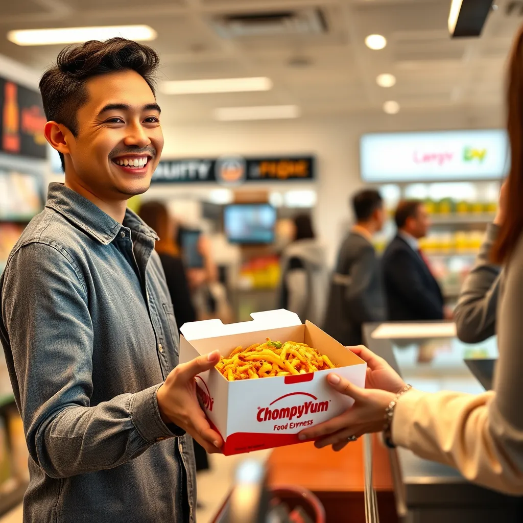 A customer is smiling and holding a box containing a delicious-looking dish from Chompyum Food Express. They are standing at a counter, exchanging the box for a refund with a friendly cashier. The background should be a modern, clean store environment with bright lighting and a simple, intuitive return process displayed.