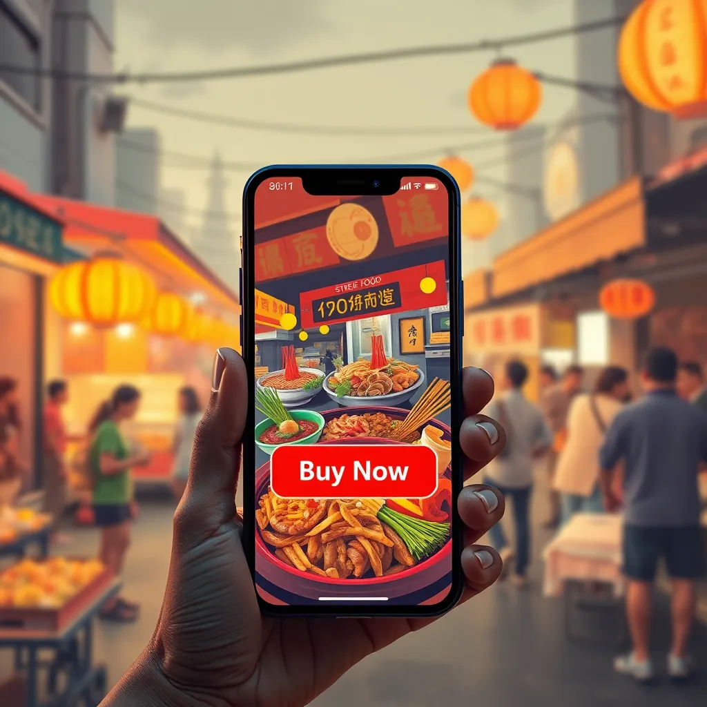 A mobile phone screen displaying a vibrant food delivery app showcasing a tempting image of a variety of street food dishes with the 'Buy Now' button highlighted in a bright, contrasting color. The background features a stylized illustration of a bustling night market, emphasizing the excitement of online food ordering.