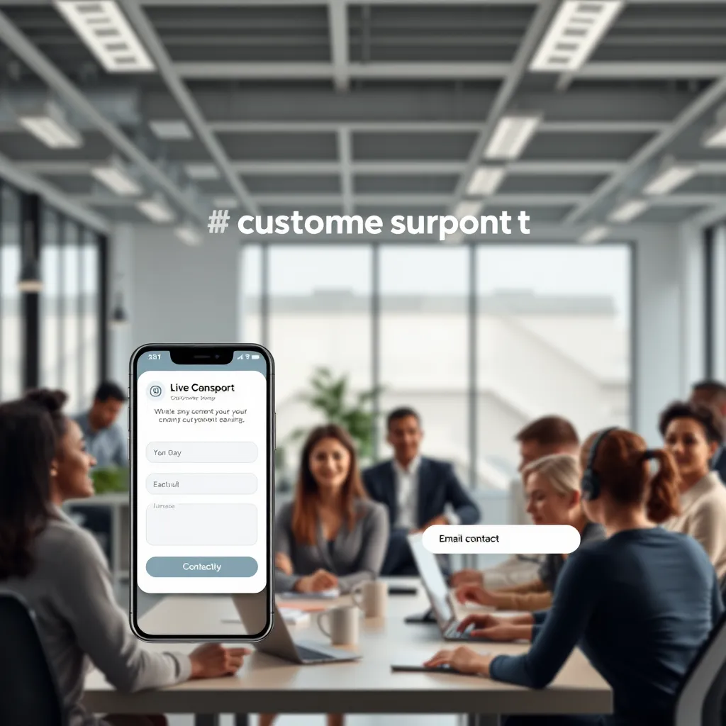 A modern, sleek customer support website with a live chat window open, a friendly customer service representative on the phone, and an email contact form readily available. The background should be a bright, modern office with a team of diverse individuals working together.