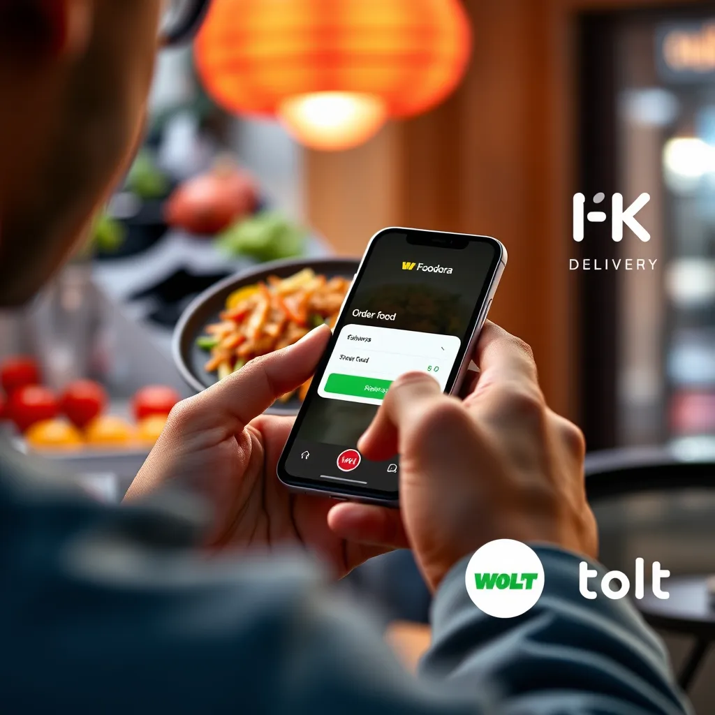 A person using a smartphone to order food on a website with a sleek, modern design. The background features a photo of a mouthwatering street food dish, and the delivery icons from Foodora and Wolt are visible. The overall image should convey ease of use and convenience.