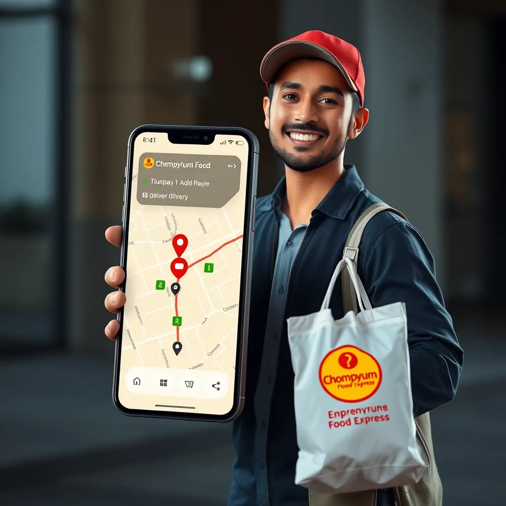 A phone with a clean, minimalist interface showing a map with a delivery route and a pin indicating the current location of the delivery driver. The driver is depicted as friendly and professional, holding a delivery bag with the Chompyum Food Express logo.