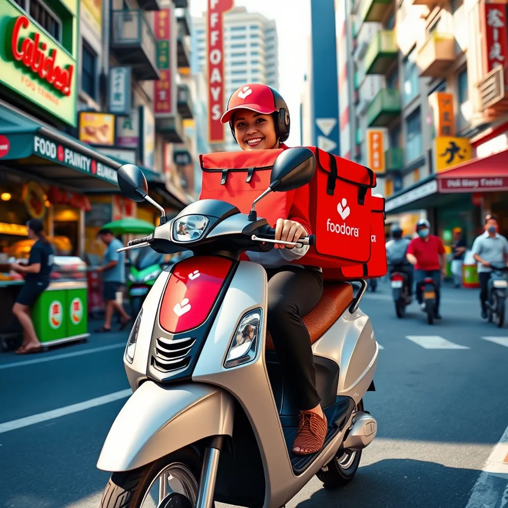 A photorealistic illustration showcasing a Foodora delivery driver on a scooter, expertly navigating a busy city street with a bright red Chompyum Food Express bag on the back. The background features a bustling cityscape, with vibrant street food stalls and colorful buildings. The scooter is sleek and modern, with a bright red logo. The delivery driver is wearing a Foodora uniform, with a friendly smile and a confident expression. Lighting: Natural sunlight with soft shadows. Color palette: Vibrant, warm, and inviting. Perspective: Eye-level, dynamic shot capturing the movement of the scooter. Style references: Photorealistic illustrations, street photography, modern urban design. Technical specifications: 8K resolution, photorealistic, ultra-detailed, sharp details, realistic textures.