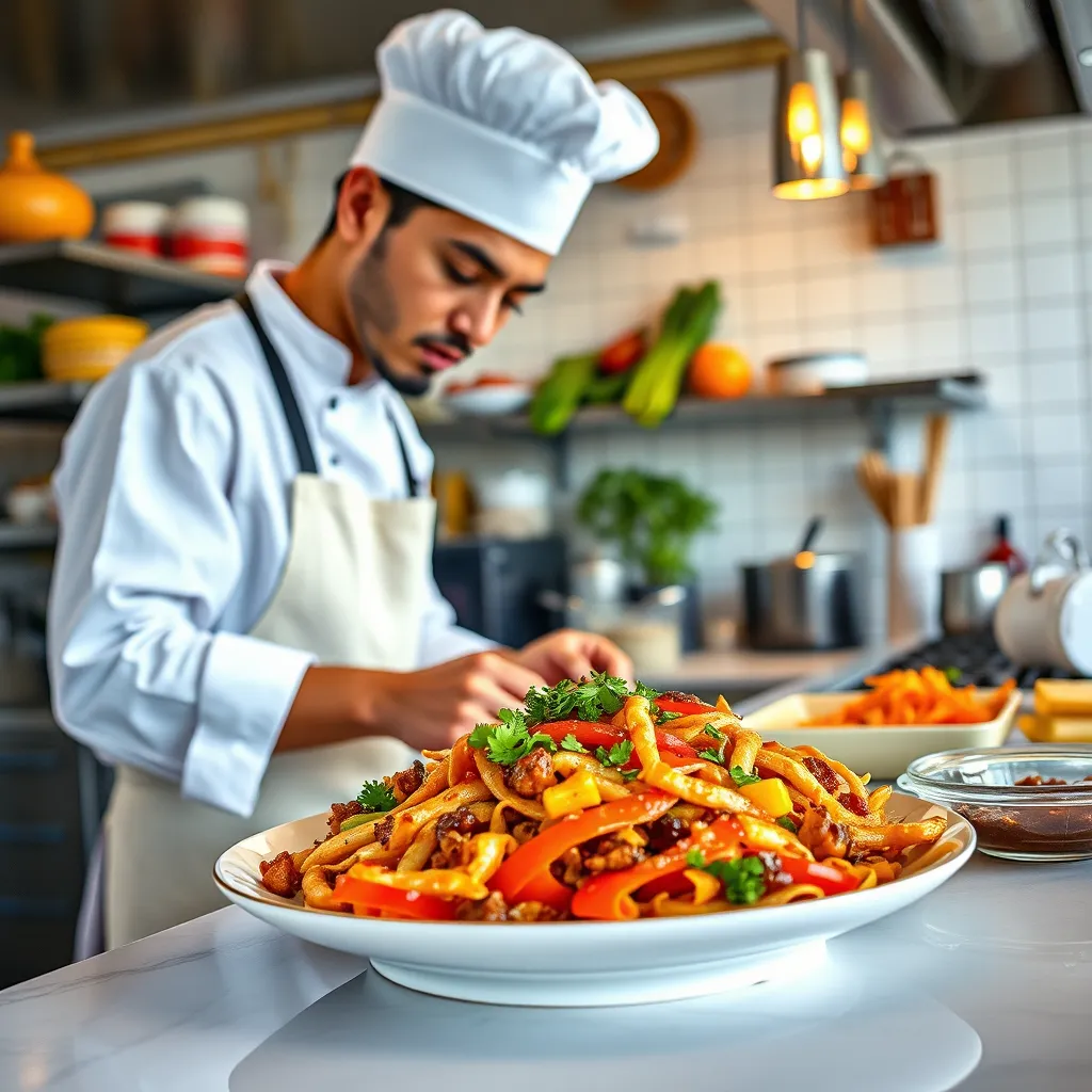 A photorealistic image of a chef preparing a dish with fresh ingredients.  The chef is wearing a clean apron and a white chef hat. The background is a clean kitchen space with various cooking tools and ingredients. There is a plate with a finished version of the dish that is ready for serving. The dish is a visual representation of the Chompyum Food Express’s signature dish, showcasing its vibrant colors and textures.