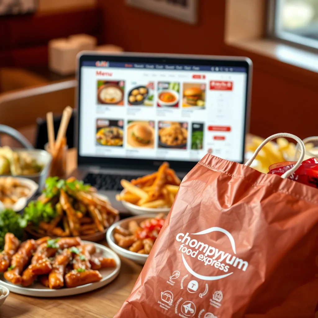 A photorealistic image of a variety of delicious street food dishes, arranged beautifully on a table.  The background is blurred with warm lighting. There is a laptop with an open website displaying Chompyum Food Express’s online ordering platform, showcasing their menu.  In the foreground, there is a delivery bag with the Chompyum Food Express logo on it.