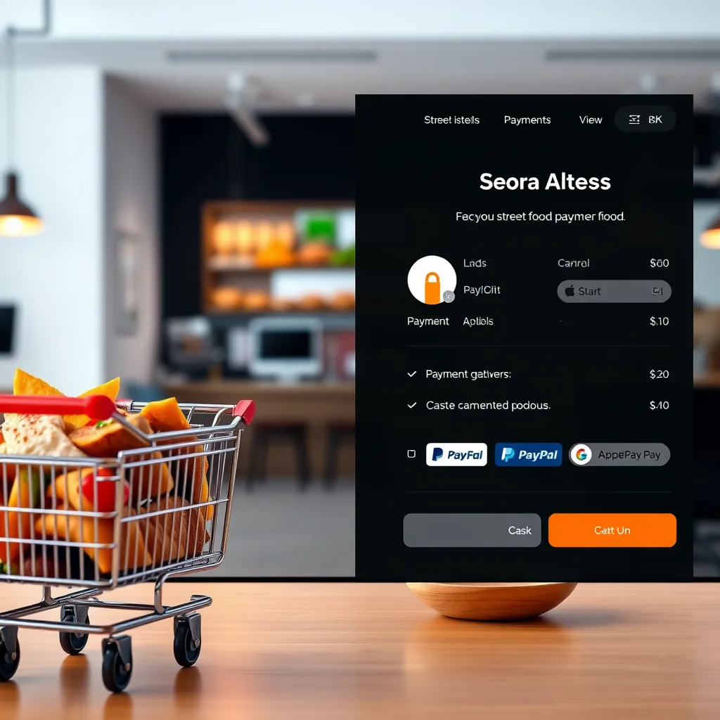 A split-screen image showing the left side with a customer's cart filled with enticing street food items on a website, and the right side showcasing a secure payment gateway interface with various payment options like credit card, PayPal, and Apple Pay. The background features a modern, minimalist website design.