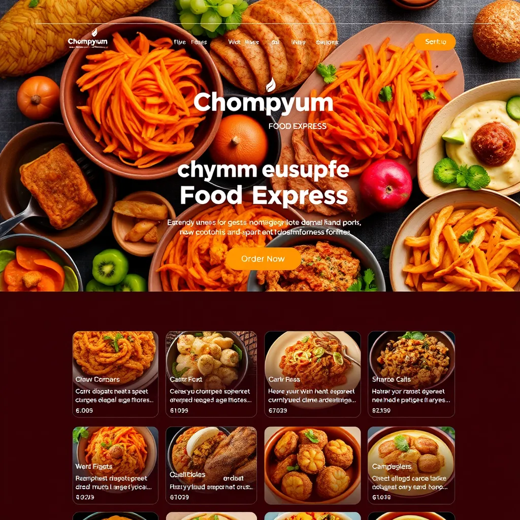 A vibrant and modern website homepage for Chompyum Food Express, featuring a sleek design and user-friendly interface. The background showcases a variety of mouthwatering street food dishes arranged artistically, with vibrant colors and delicious textures.  The main section of the homepage displays a large banner with the Chompyum Food Express logo and tagline. Below the banner, a grid of high-quality images of different dishes with enticing descriptions. There is a prominent 'Order Now' button with a clear call to action. The overall mood is inviting and appetizing, promoting a sense of convenience and deliciousness. Lighting: Soft, warm, and diffused. Style references: High-end food blogs, modern e-commerce websites. Technical specifications: 8K resolution, photorealistic, ultra-detailed, sharp details, realistic textures.