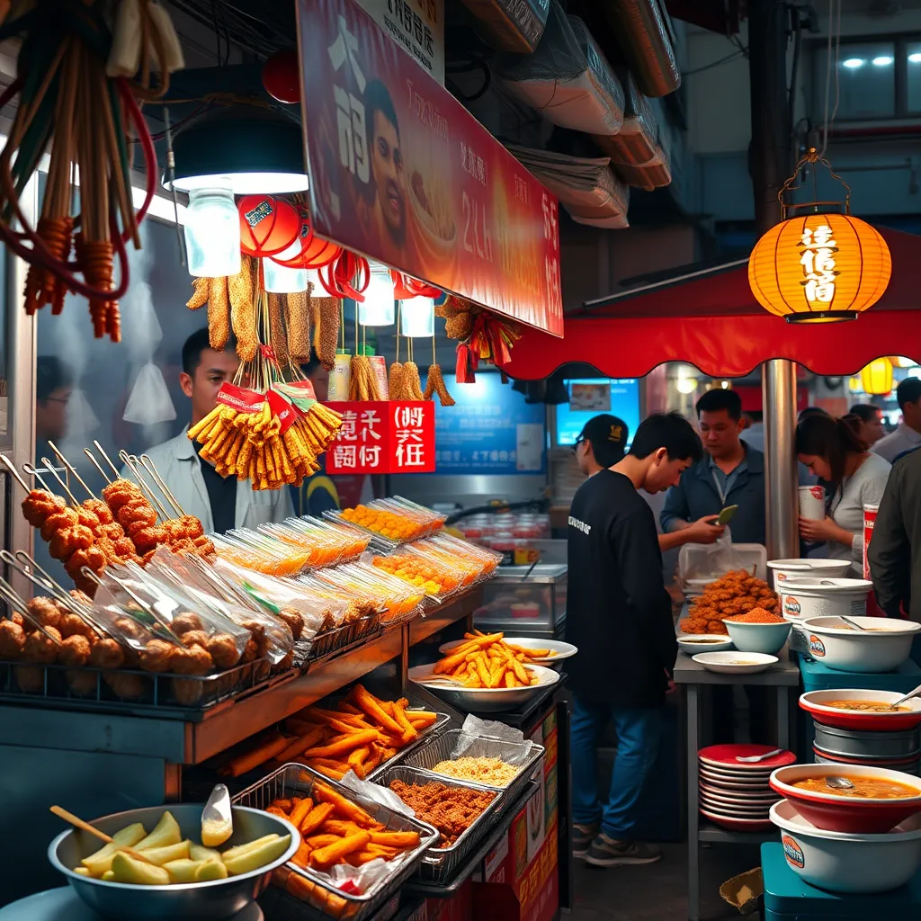 A vibrant street food stall with a colorful array of delicious-looking dishes, including skewers, fried snacks, and noodle bowls. The stall is bustling with activity, showcasing the energy and excitement of street food culture. The image should have a warm and inviting atmosphere.