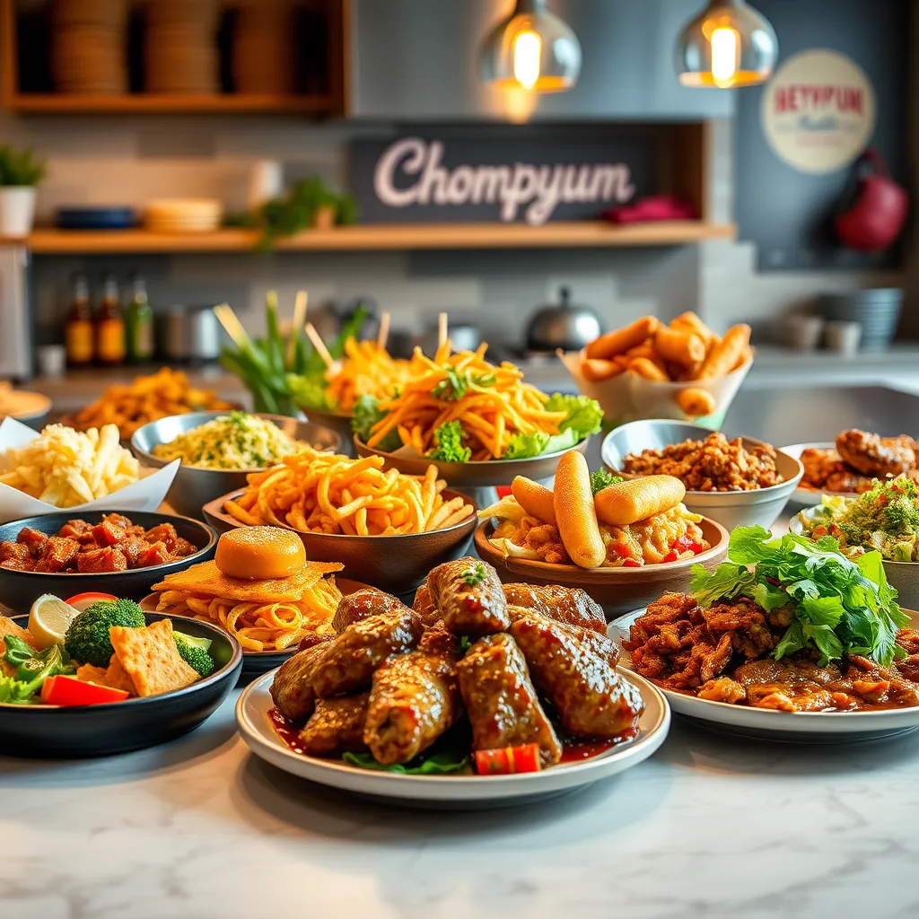 A visually appealing spread of various Chompyum Food Express dishes, showcasing the diversity of their menu.  The food should be arranged attractively on a table with vibrant colors, enticing aromas, and a focus on the unique textures and flavors of each dish. The background should be a modern kitchen setting with warm lighting and a friendly atmosphere.